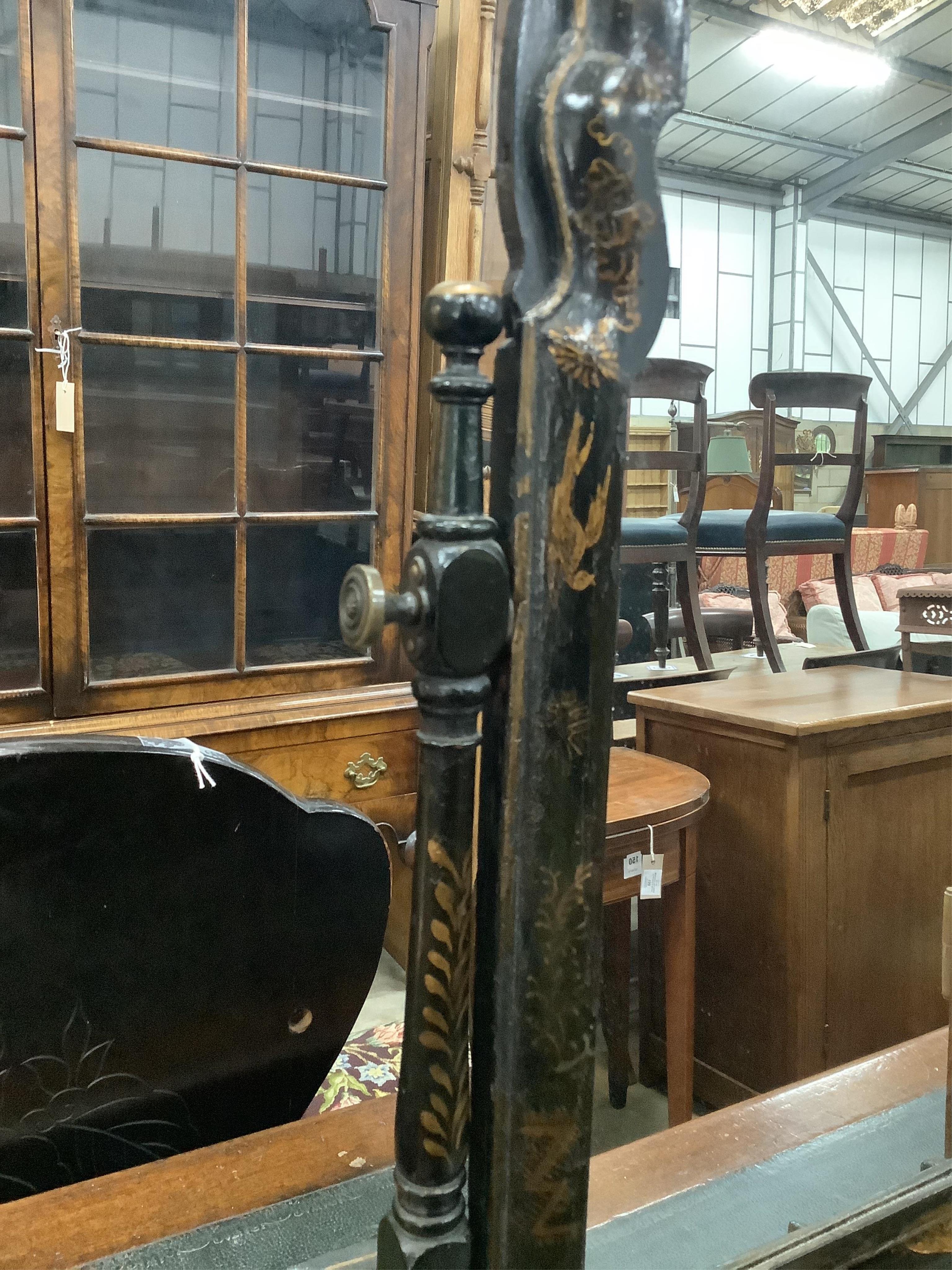 A Queen Anne chinoiserie japanned pine toilet mirror, with six drawer base, width 36cm, height 78cm. Purchased from The Antique Home, Kensington Church St., London, 10th September 1969 for £165. Condition - fair to good